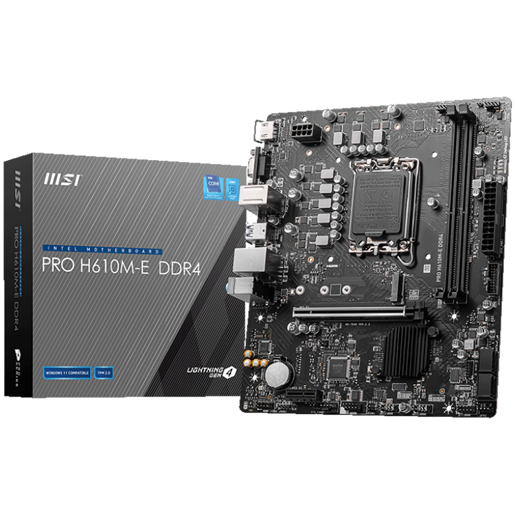 MSI PRO H610M-E DDR4, Micro-ATX, Socket 1700, Dual Channel DDR4 3200(OC)MHz, 1x PCIe x16 slots, 1x M.2 slots, 1x HDMI, 1 x VGA, 2x USB 3.2 Gen 1, 4x USB 2.0, 3Y-1