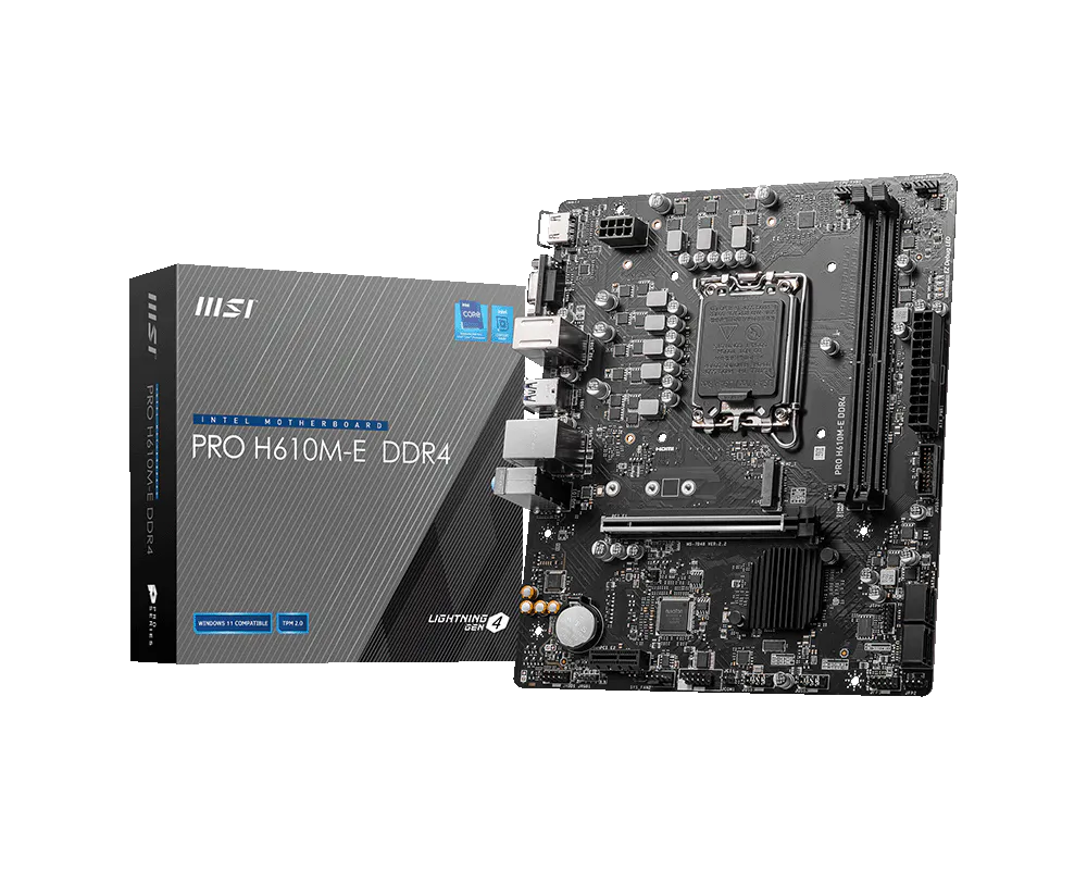 MSI PRO H610M-E DDR4, Micro-ATX, Socket 1700, Dual Channel DDR4 3200(OC)MHz, 1x PCIe x16 slots, 1x M.2 slots, 1x HDMI, 1 x VGA, 2x USB 3.2 Gen 1, 4x USB 2.0, 3Y-8