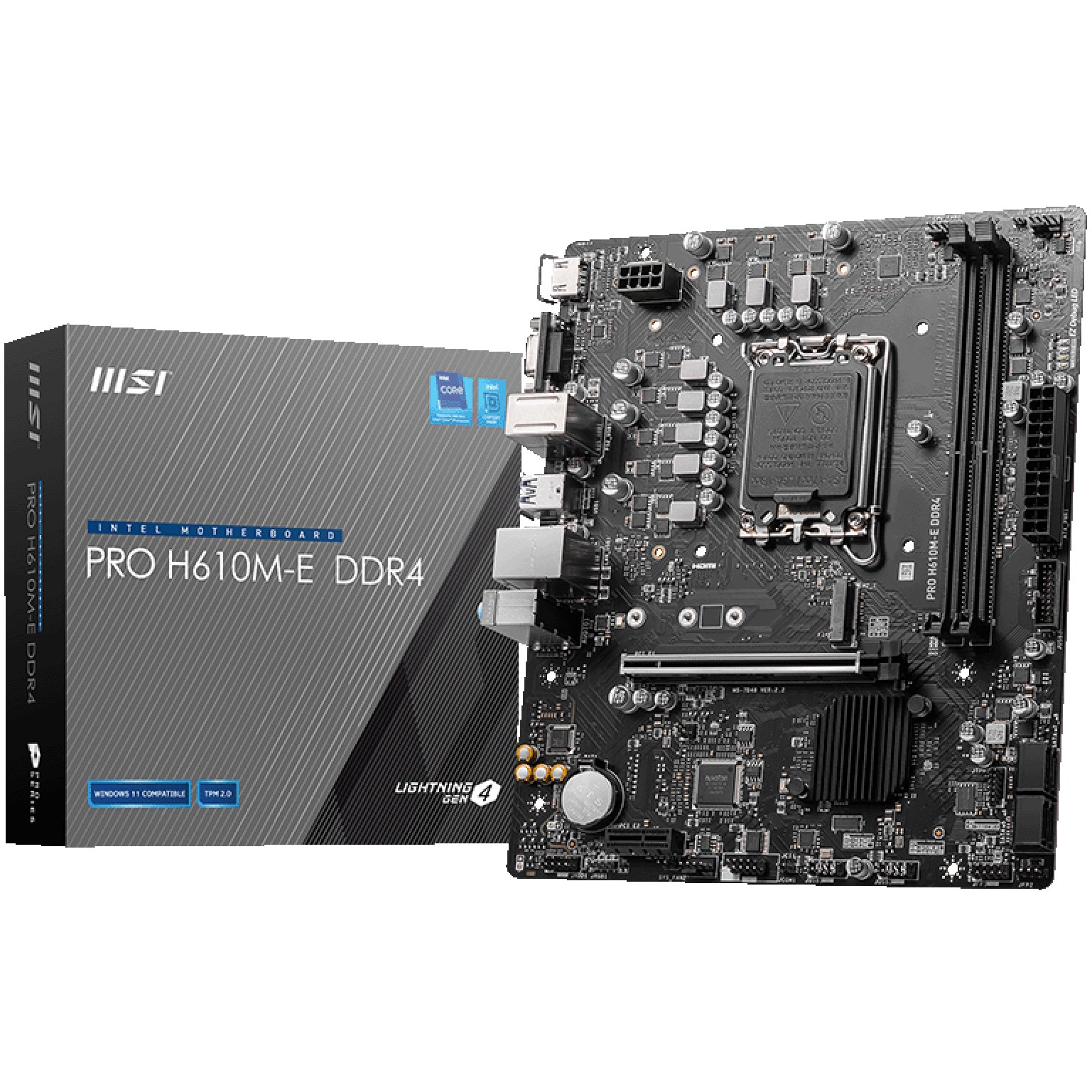 MSI PRO H610M-E DDR4, Micro-ATX, Socket 1700, Dual Channel DDR4 3200(OC)MHz, 1x PCIe x16 slots, 1x M.2 slots, 1x HDMI, 1 x VGA, 2x USB 3.2 Gen 1, 4x USB 2.0, 3Y-4