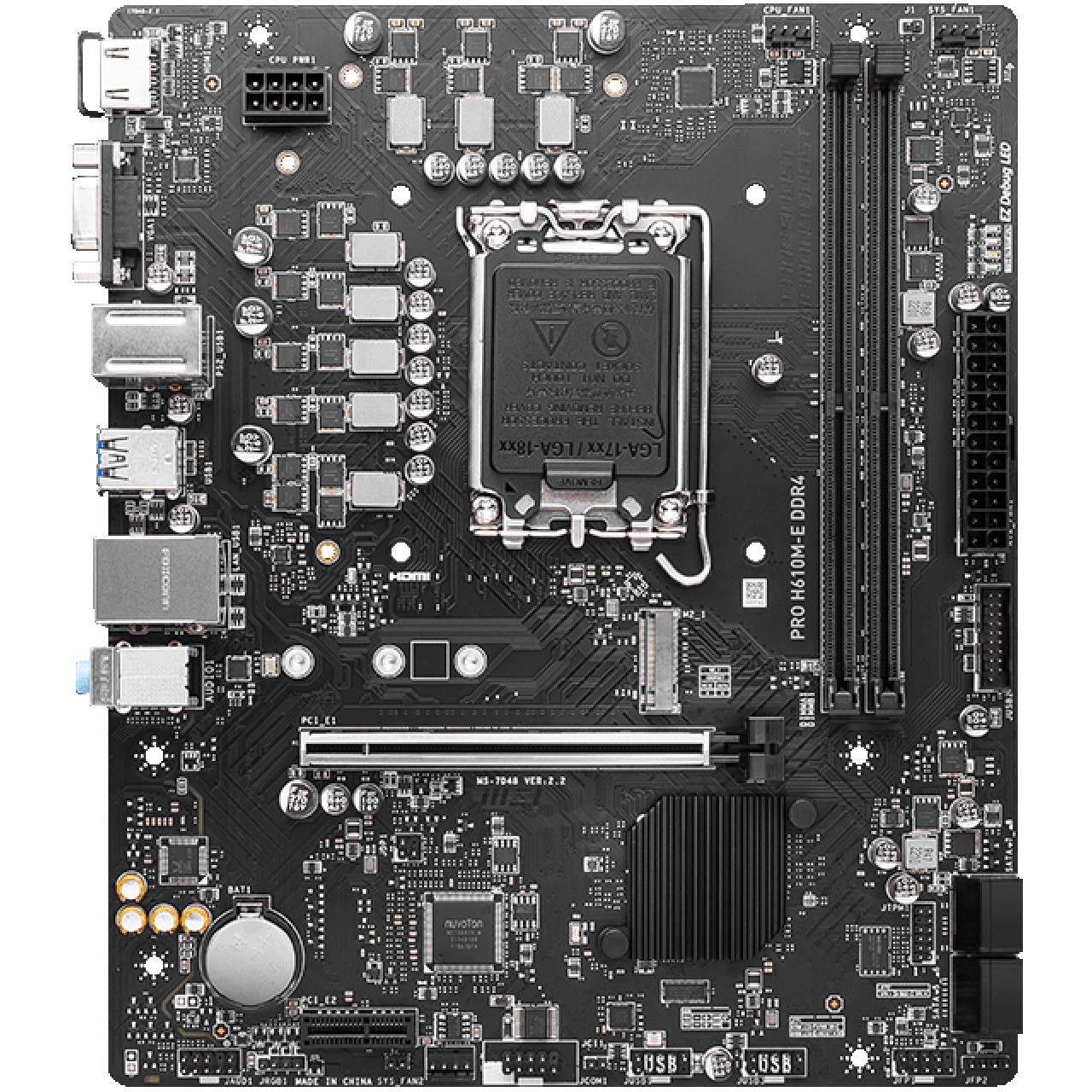 MSI PRO H610M-E DDR4, Micro-ATX, Socket 1700, Dual Channel DDR4 3200(OC)MHz, 1x PCIe x16 slots, 1x M.2 slots, 1x HDMI, 1 x VGA, 2x USB 3.2 Gen 1, 4x USB 2.0, 3Y-5
