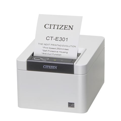 POS PRINTER CITIZEN CT-E301 (direct thermal, 8 dots/mm (203 dpi), media width (max.) 80 mm, print width (max.) 72 mm, roll diameter (max.) 83mm, speed (max.) 250 mm/s, USB (type B), cutter, desinfectable housing, Flash 8 MB, colour white)-0