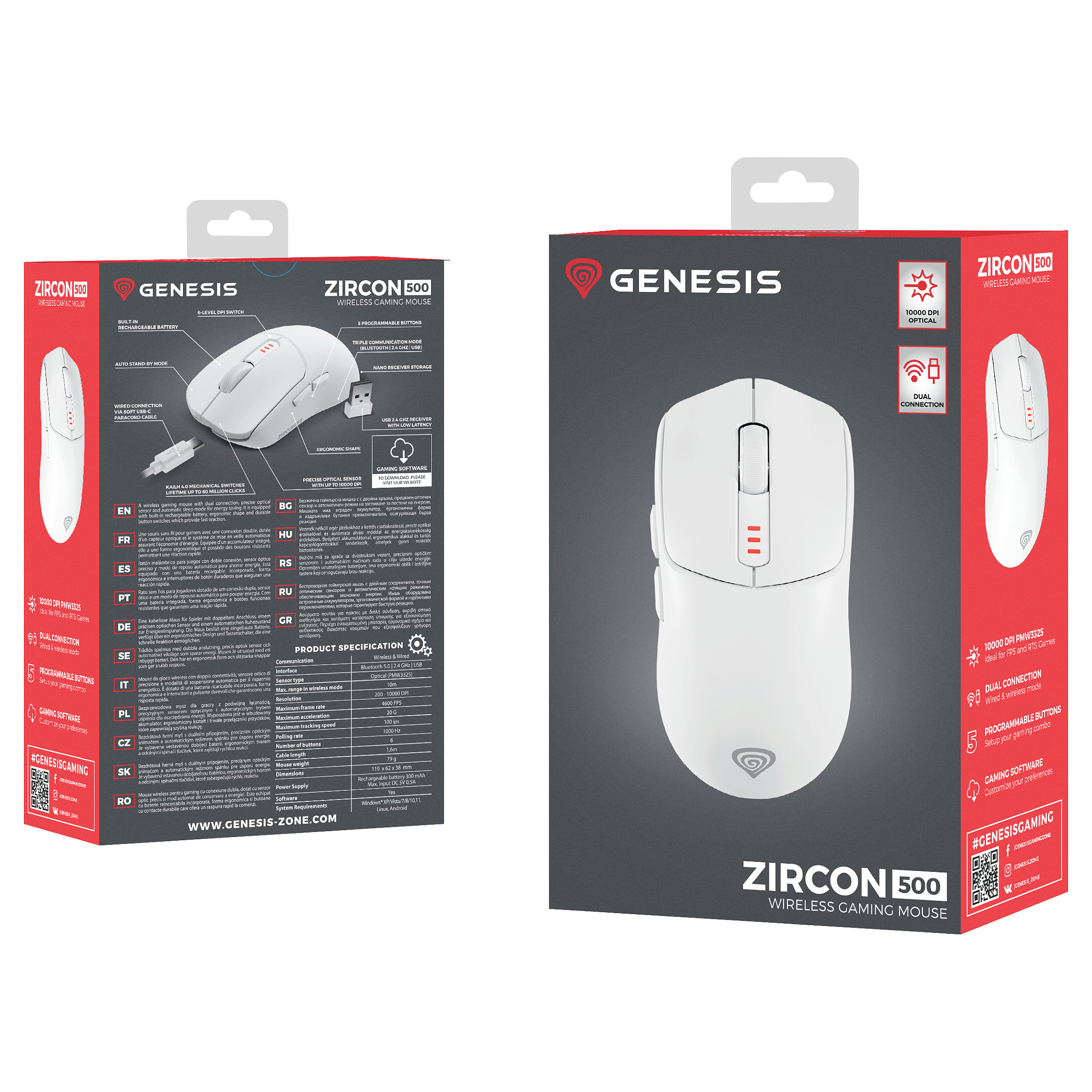 Gaming miš GENESIS Zircon 500 (bežični, 10000 DPI, 6 tipki, Bluetooth, bijeli)-7