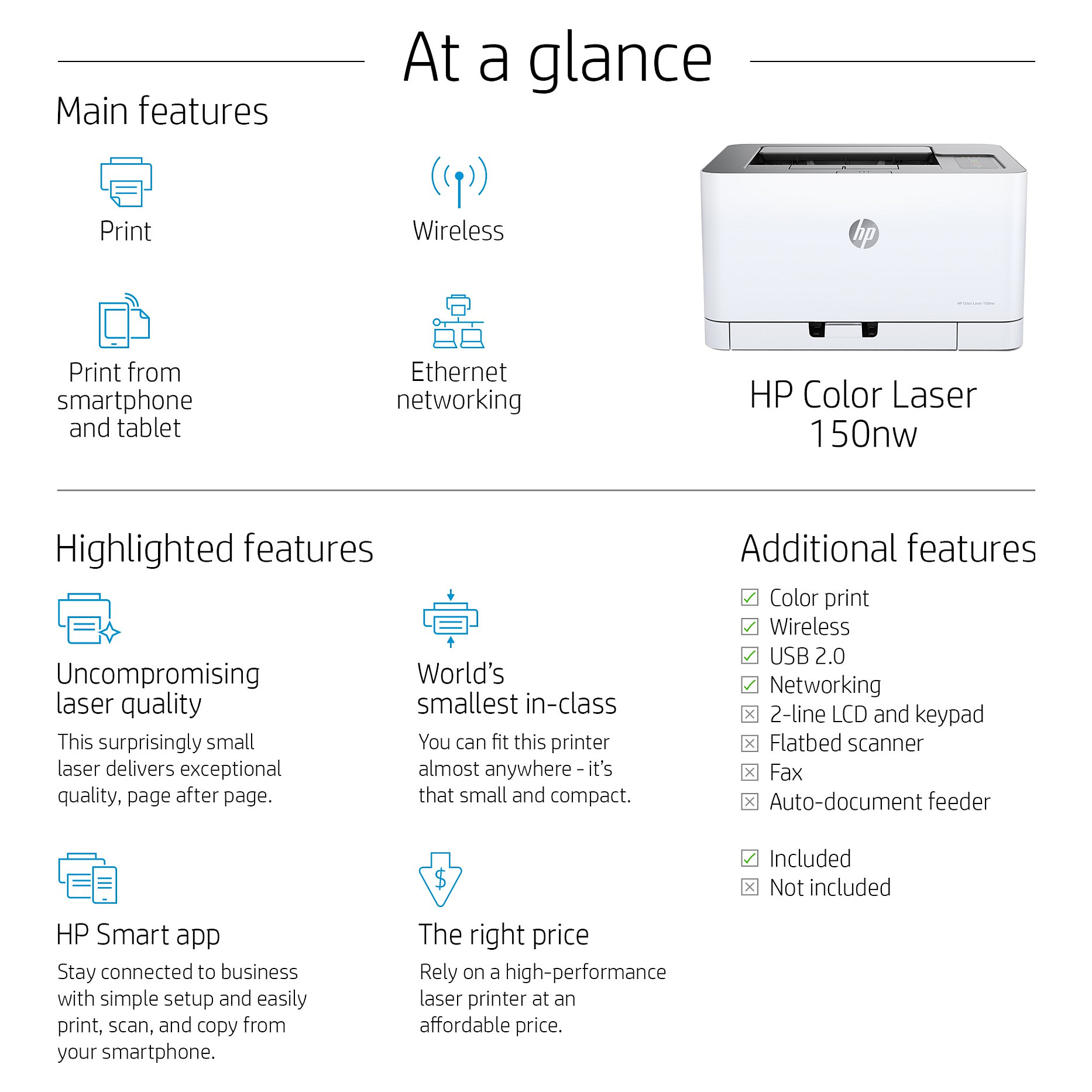 Printer HP Color Laser 150nw Printer, 4ZB95A-24
