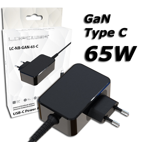USB-C punjač LC-POWER LC-NB-GAN-65-C (GaN, plastika, 75 x 50 x 28 mm, 0,164 kg)