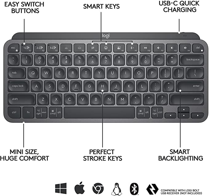 Tipkovnica LOGITECH MX Keys Mini (bežična, Bluetooth, pozadinsko osvjetljenje, non-HR tipkovnica, grafitno siva boja)-4