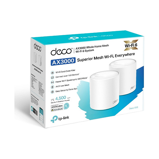TP-Link AX3000 Deco X50 (2-pack), Dual-Band Mesh Wi-Fi 6, 574Mbps/2402Mbps (2.4GHz/5GHz), 802.11ax/ac/n/a/b/g, 3×G-LAN, Deco App-16