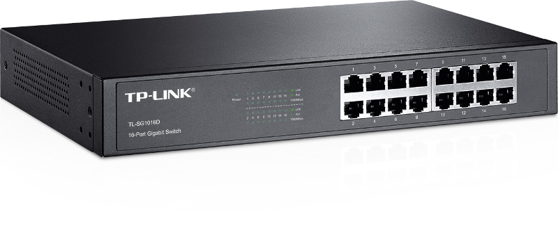 TP-Link 16-Port Gigabit Desktop/Rackmount Switch, 16 10/100/1000M RJ45 ports, 1U 13-inch rack-mountable steel case, energy-efficient technology, supports MAC address self-learning, Auto MDI/MDIX and A-3