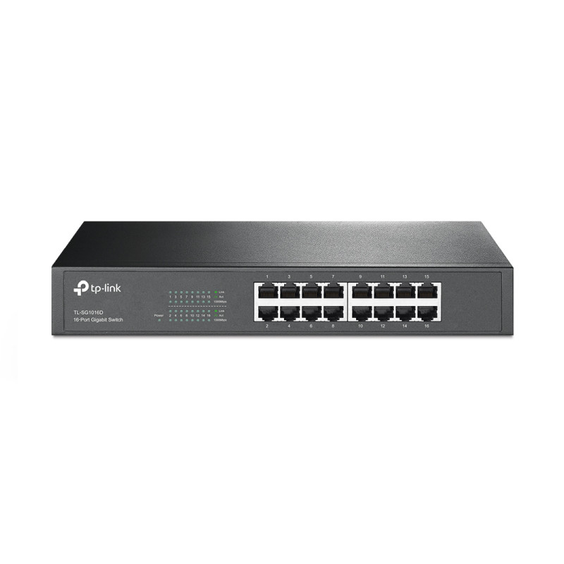 TP-Link 16-Port Gigabit Desktop/Rackmount Switch, 16 10/100/1000M RJ45 ports, 1U 13-inch rack-mountable steel case, energy-efficient technology, supports MAC address self-learning, Auto MDI/MDIX and A-13