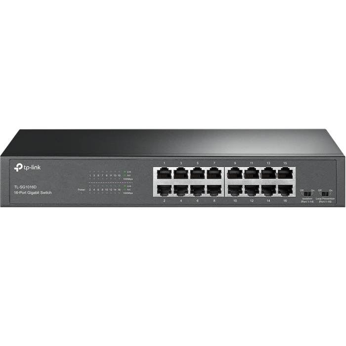 TP-Link 16-Port Gigabit Desktop/Rackmount Switch, 16 10/100/1000M RJ45 ports, 1U 13-inch rack-mountable steel case, energy-efficient technology, supports MAC address self-learning, Auto MDI/MDIX and A-10