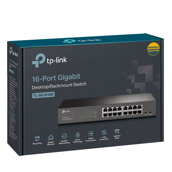 TP-Link 16-Port Gigabit Desktop/Rackmount Switch, 16 10/100/1000M RJ45 ports, 1U 13-inch rack-mountable steel case, energy-efficient technology, supports MAC address self-learning, Auto MDI/MDIX and A-11