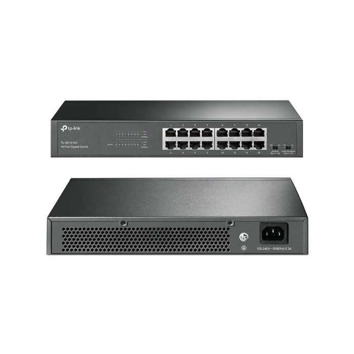 TP-Link 16-Port Gigabit Desktop/Rackmount Switch, 16 10/100/1000M RJ45 ports, 1U 13-inch rack-mountable steel case, energy-efficient technology, supports MAC address self-learning, Auto MDI/MDIX and A-12