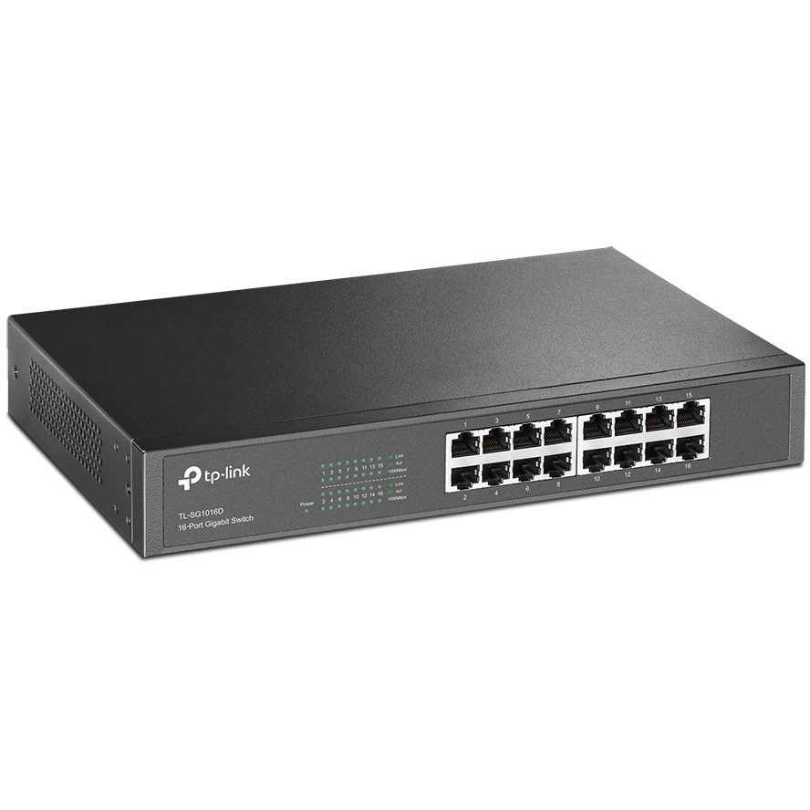 TP-Link 16-Port Gigabit Desktop/Rackmount Switch, 16 10/100/1000M RJ45 ports, 1U 13-inch rack-mountable steel case, energy-efficient technology, supports MAC address self-learning, Auto MDI/MDIX and A-5