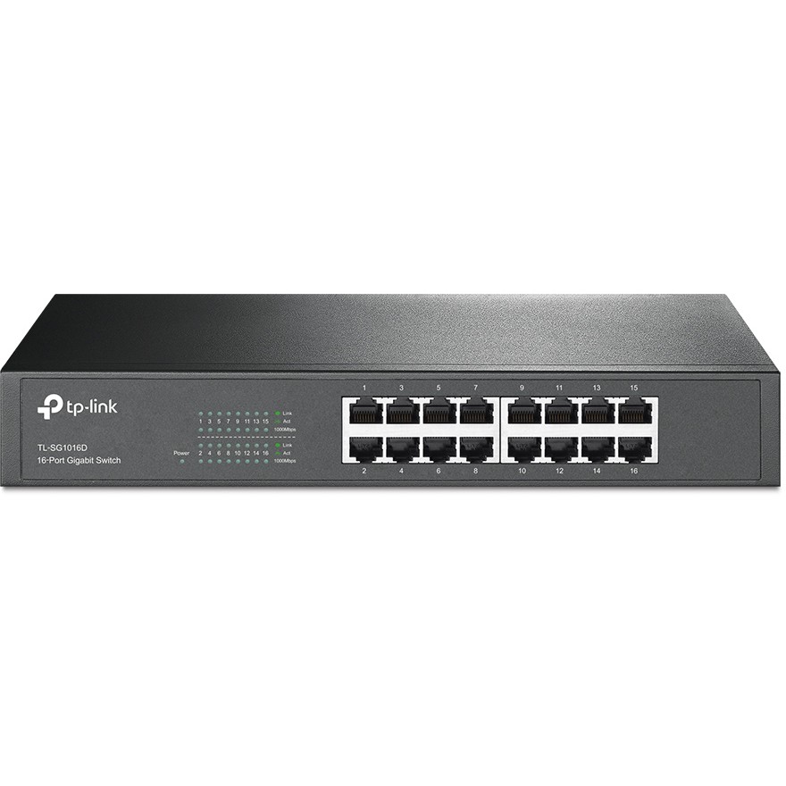 TP-Link 16-Port Gigabit Desktop/Rackmount Switch, 16 10/100/1000M RJ45 ports, 1U 13-inch rack-mountable steel case, energy-efficient technology, supports MAC address self-learning, Auto MDI/MDIX and A-8