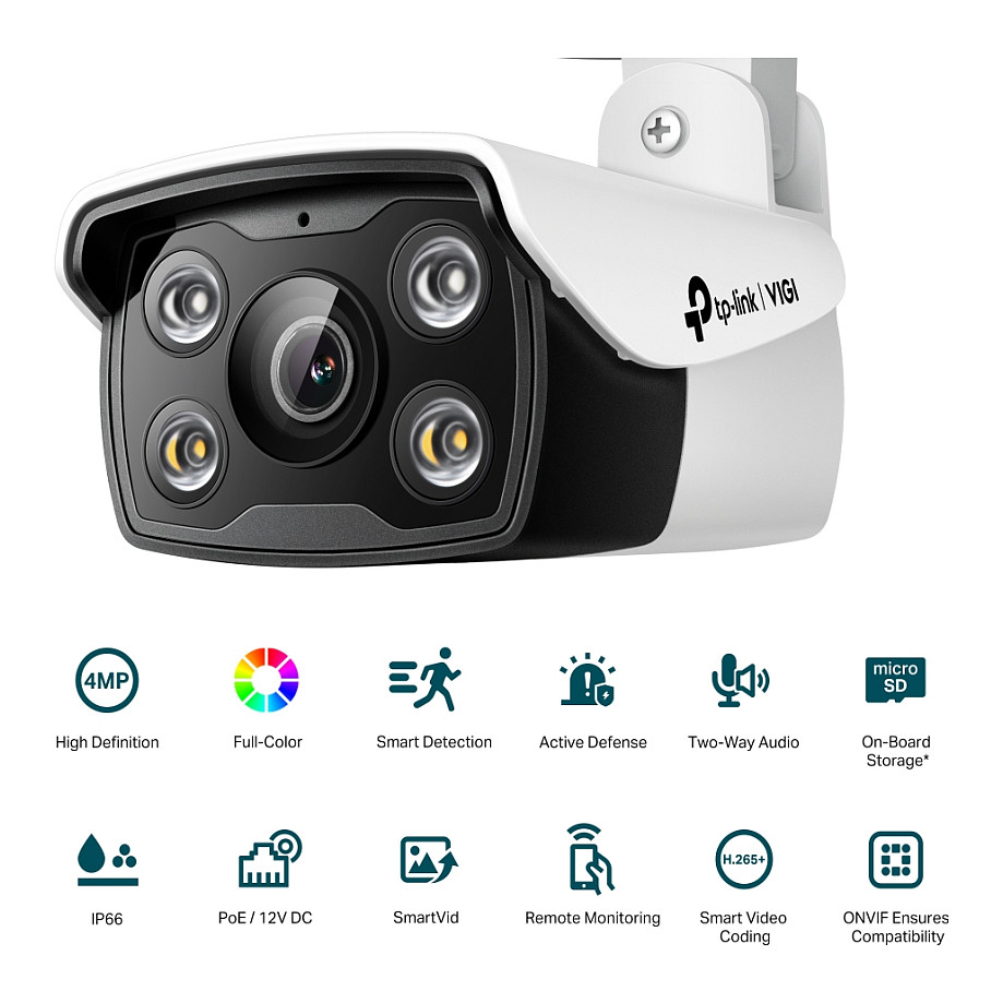 4MP Outdoor Full-Color Bullet Network CameraSPEC: H.265+/H.265/H.264+/H.264, 1/3"" Progressive Scan CMOS, Color/0.04 Lux@F1.6, 0 Lux with IR/White Light, 25fps/30fps ( 2560x1440,2304x1296, 2048x1280,-9