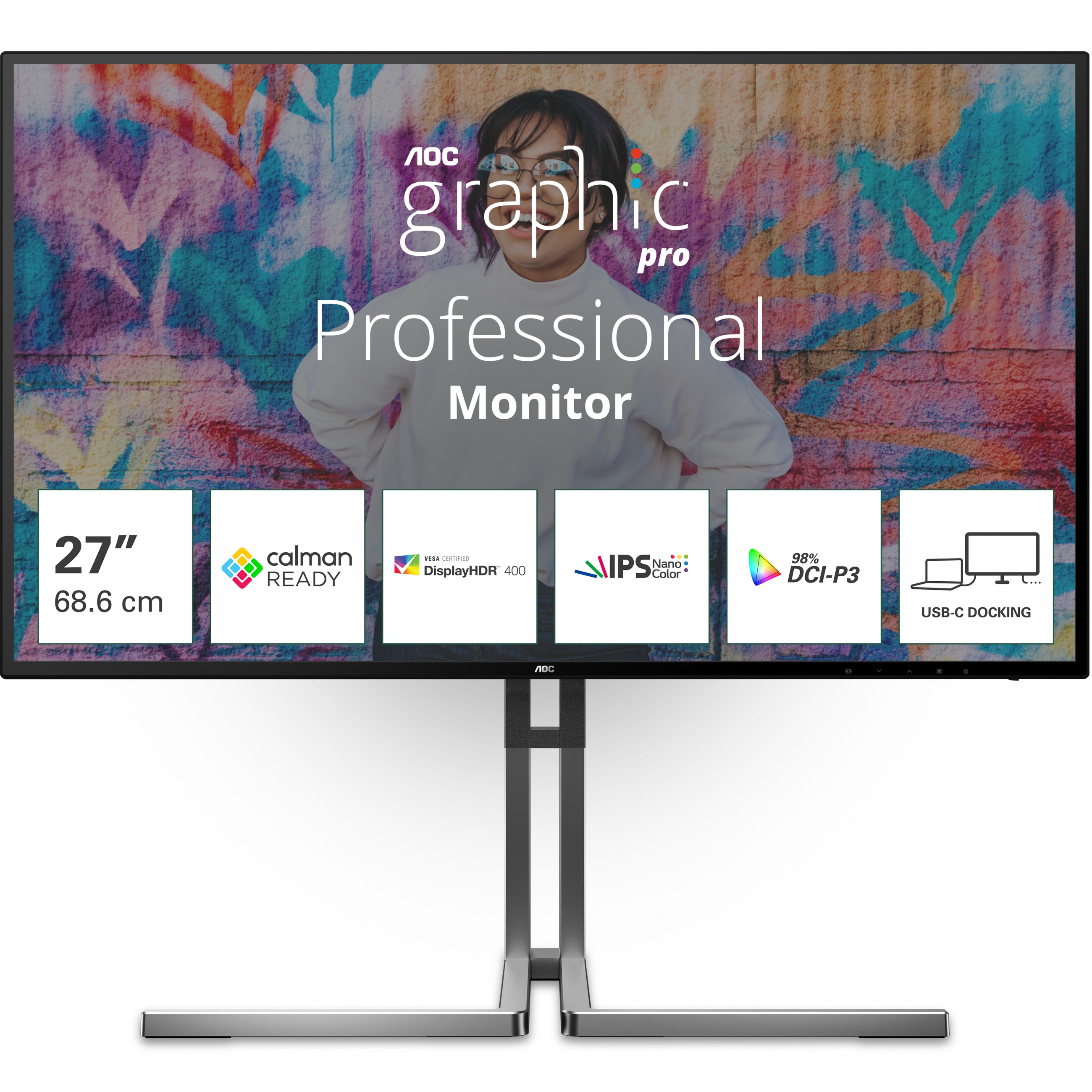 Monitor AOC U27U3CV (27", 4K, HDMI, DP, USB-C, RJ45, Crna sa srebrnim postoljem)-0