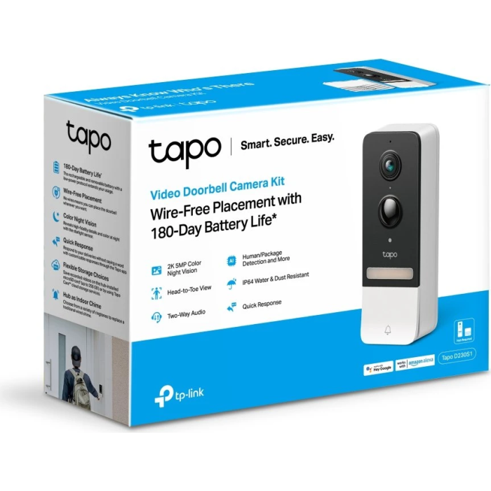 Zvono bežično TP-LINK Tapo Smart, za vrata s video kamerom 2560×1920px, 2K 5MP, 160° dijagonalno, dvosmjerni audio, IR LED, detekcija pokreta, IP64-6