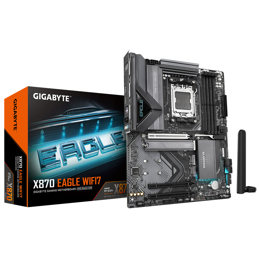 GIGAYBTE Mainboard Desktop X870 EAGLE WIFI7 (AM5, 4x DDR5 256GB, 1x PCI-E 5.0 x16x16, 2x PCI-E 3.0 x16x1, 1x PCI-E M.2, 2x M.2, 4x SATA, 2x USB4 Type-C DP, 4x USB 3.2, 1x HDMI, WiFi7, 2.5GbE LAN, ATX)