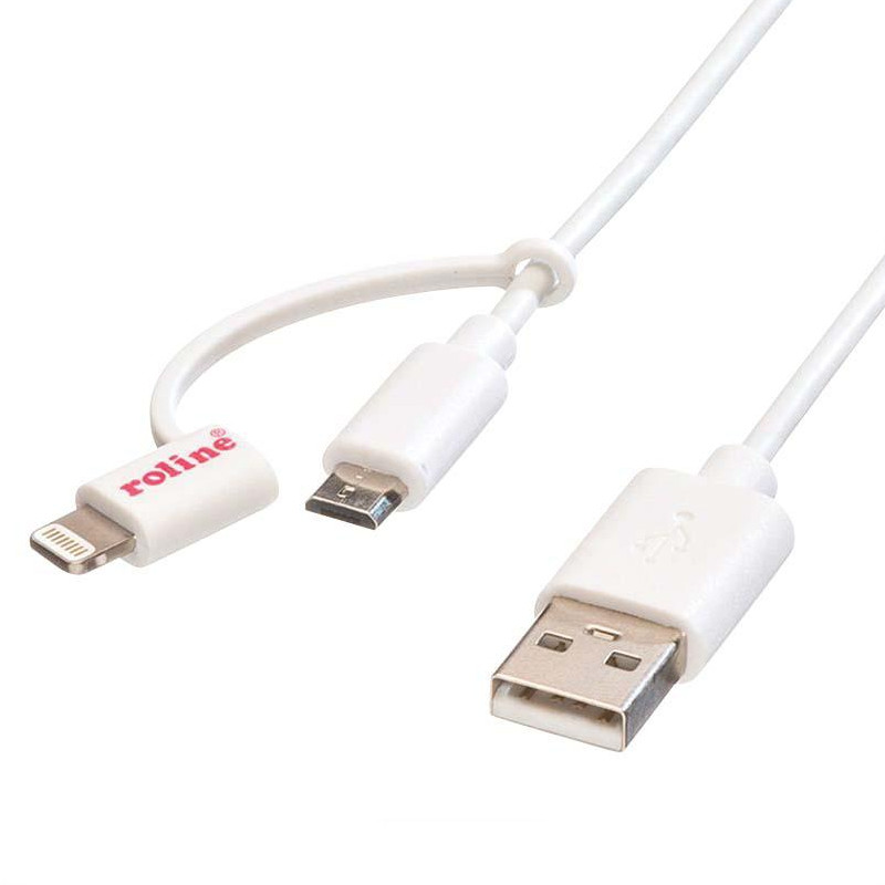 Roline USB2.0 kabel za punjenje i prijenos podataka TIP A(M) na Micro B(M) + Lightning(M),1.0m bijeli-1
