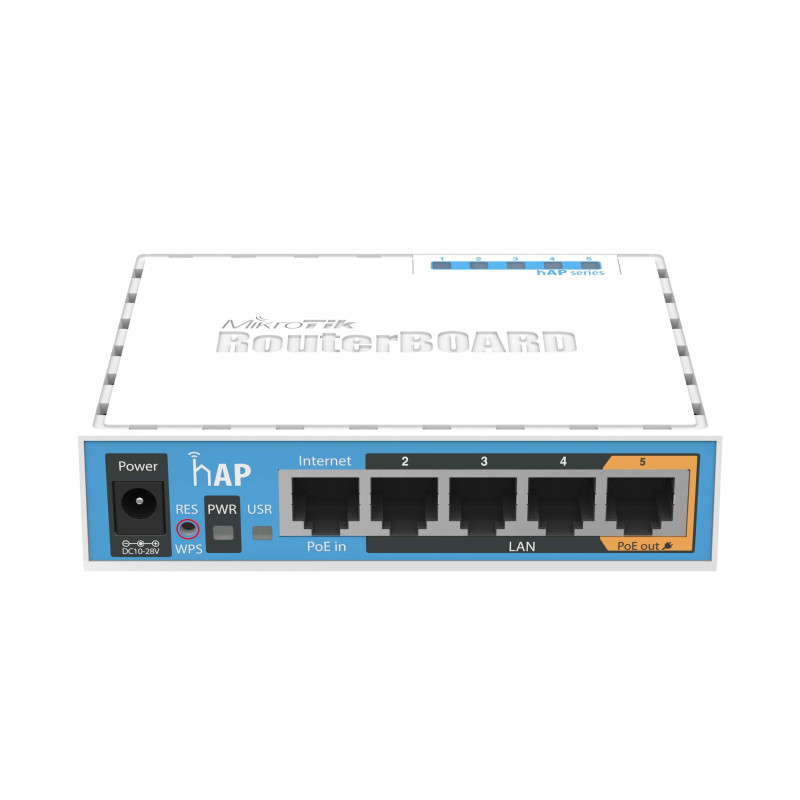 Mikrotik RB951Ui-2nD hAP, 650MHz CPU, 64MB RAM, 5×LAN, 2.4Ghz 802.11b/g/n, integrirana antena, USB, RouterOS L4, plastično kućište, PSU-6