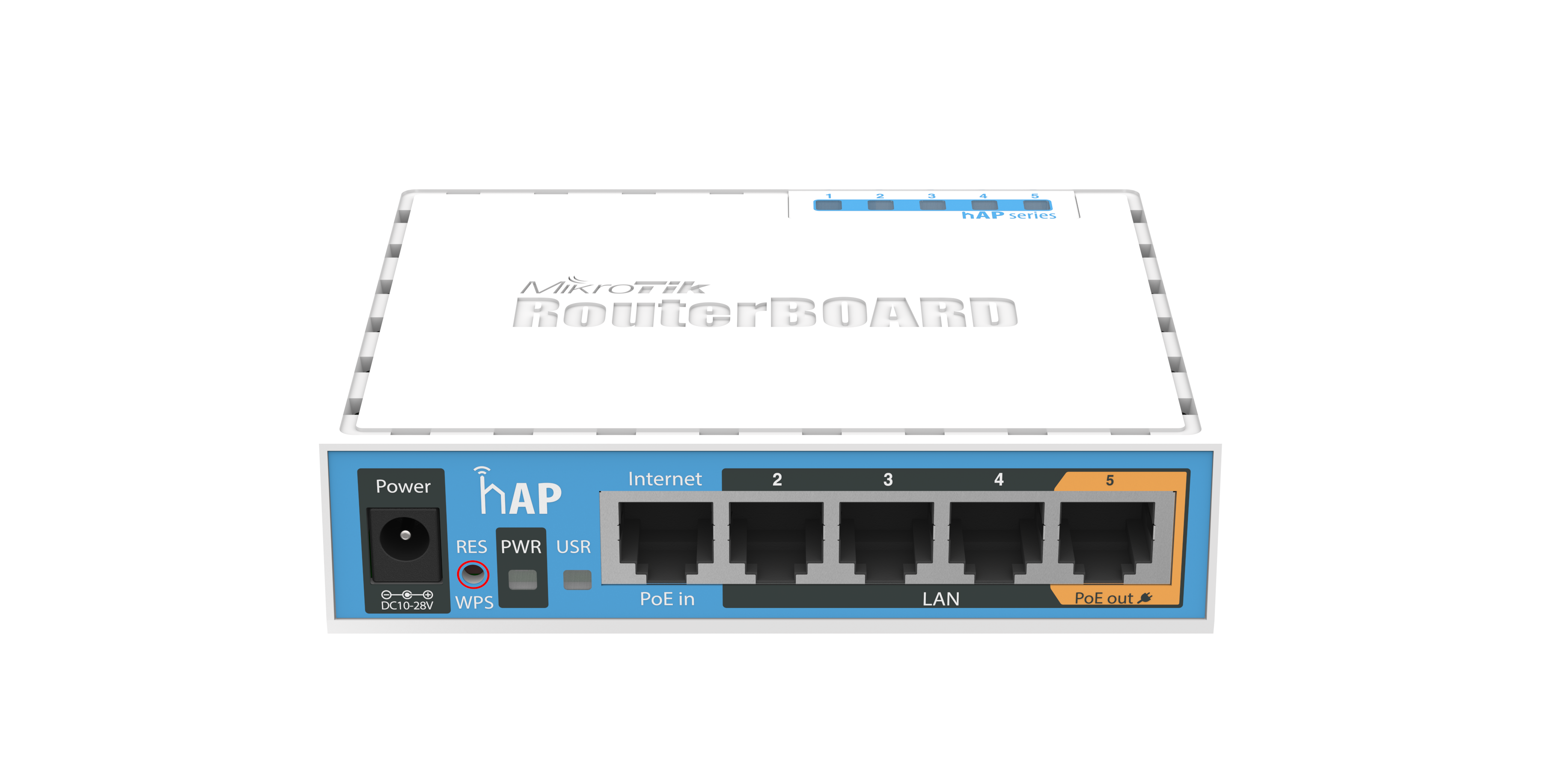 Mikrotik RB951Ui-2nD hAP, 650MHz CPU, 64MB RAM, 5×LAN, 2.4Ghz 802.11b/g/n, integrirana antena, USB, RouterOS L4, plastično kućište, PSU-1