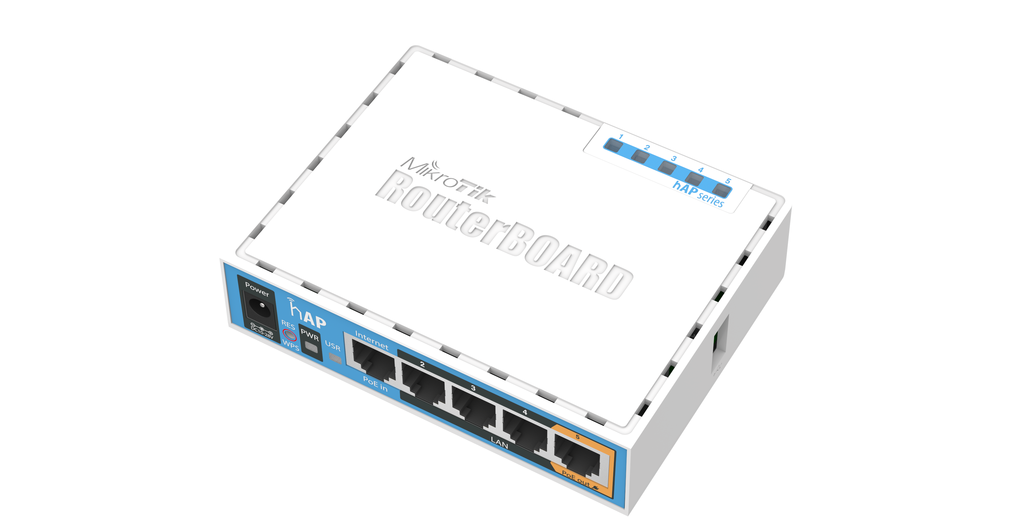 Mikrotik RB951Ui-2nD hAP, 650MHz CPU, 64MB RAM, 5×LAN, 2.4Ghz 802.11b/g/n, integrirana antena, USB, RouterOS L4, plastično kućište, PSU-2