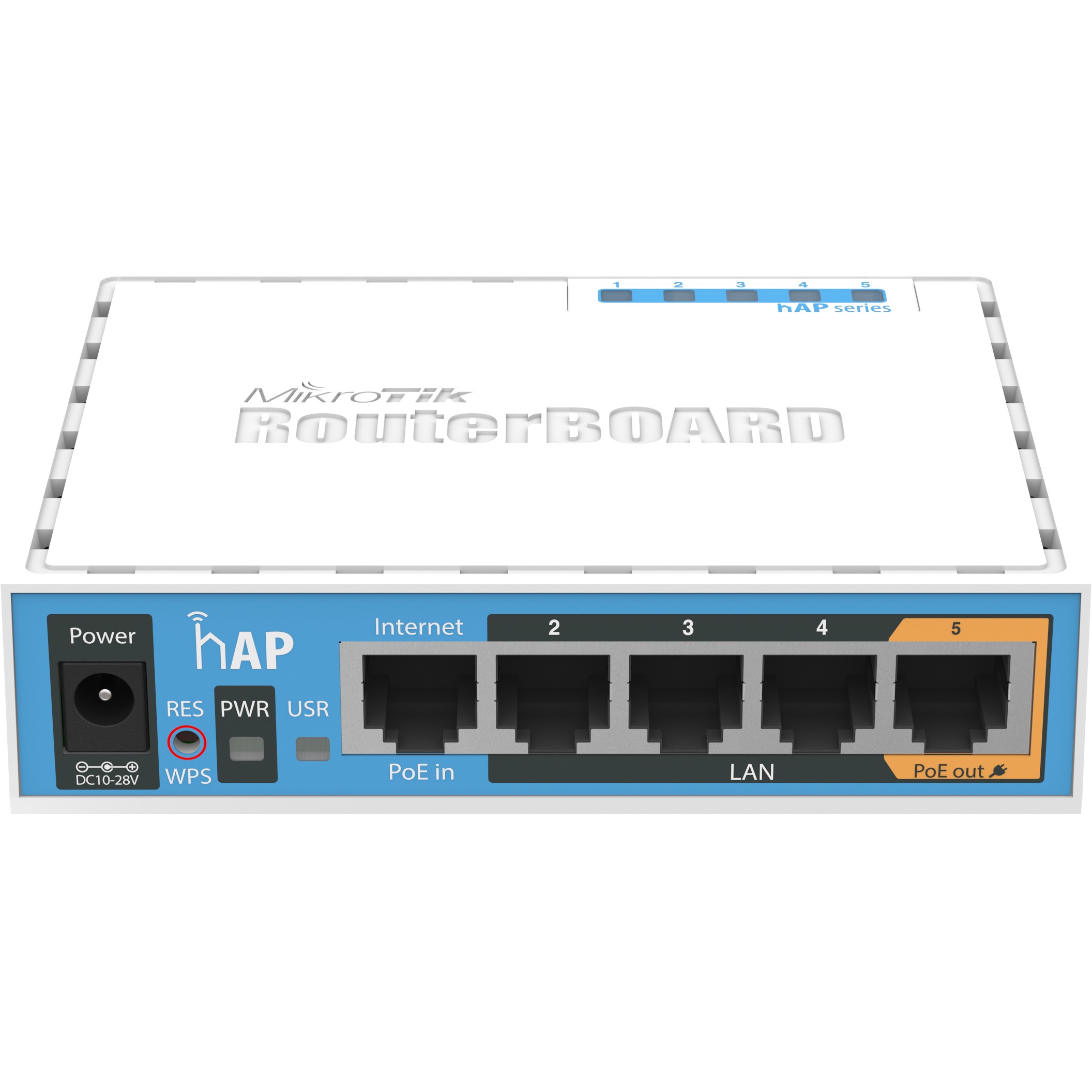 Mikrotik RB951Ui-2nD hAP, 650MHz CPU, 64MB RAM, 5×LAN, 2.4Ghz 802.11b/g/n, integrirana antena, USB, RouterOS L4, plastično kućište, PSU-4