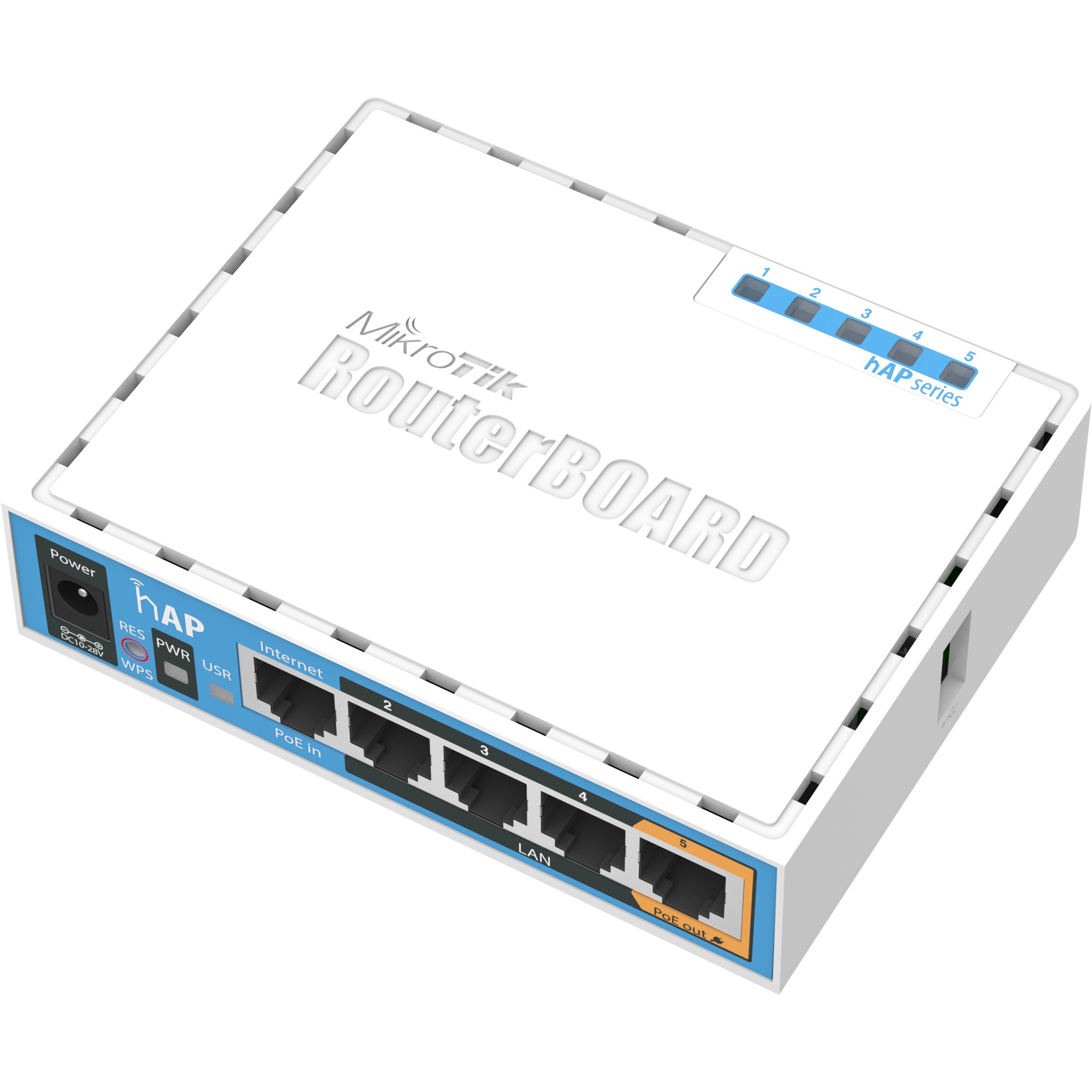 Mikrotik RB951Ui-2nD hAP, 650MHz CPU, 64MB RAM, 5×LAN, 2.4Ghz 802.11b/g/n, integrirana antena, USB, RouterOS L4, plastično kućište, PSU-5