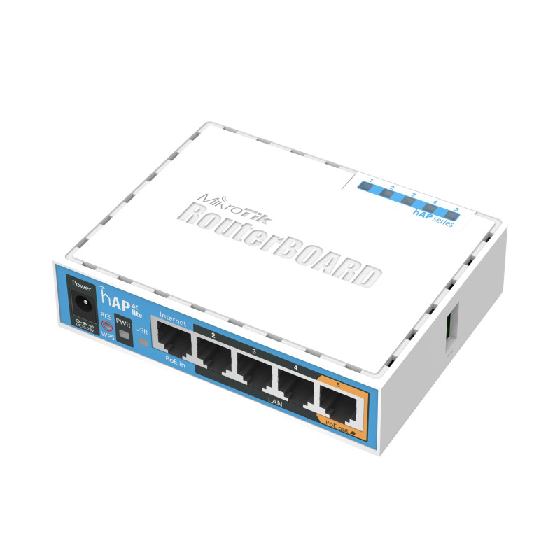 Mikrotik RB952Ui-5ac2nD hAP ac lite, 650MHz CPU, 64MB RAM, 5xLAN, 2.4Ghz 802.11b/g/n/ 5Ghz 802.11ac, USB, PSU, RouterOS L4-2