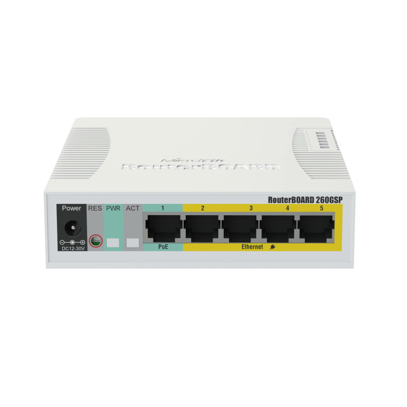 Mikrotik Cloud Smart Switch CSS106-1G-4P-1S (RB260GSP) 5-port Gigabit PoE-out smart preklopnik sa SFP cage, SwOS, plastično kućište, PSU, 53W-1