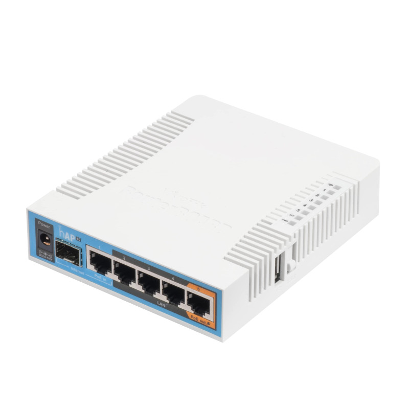 Mikrotik RB962UiGS-5HacT2HnT, hAP ac 720MHz CPU, 128MB RAM, 5×G-LAN, (2.4Ghz/5Ghz) 802.11b/g/n/ac, 3 chain, integrire antene, SFP, USB, plastično kućište, PSU, RouterOS L4-3