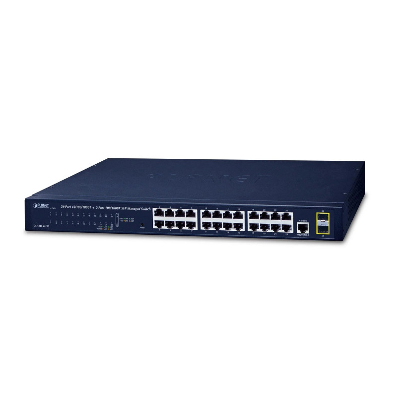 Prekidač PLANET 24-Port 10/100/1000Base-T + 2-Port 100/1000MBPS SFP (24× 10/100/1000BASE-T RJ45, 2× 100/1000BASE-X SFP, 52Gbps, 8K MAC adresa, 4.1 megabita, 14W)-1