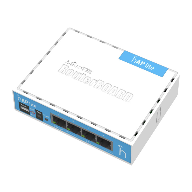 Mikrotik RB941-2nD, hAP Lite, 650MHz CPU, 32MB RAM, 4×LAN, 2.4Ghz 802.11b/g/n, integrirana antena, RouterOS L4, klasično kućište, PSU-4