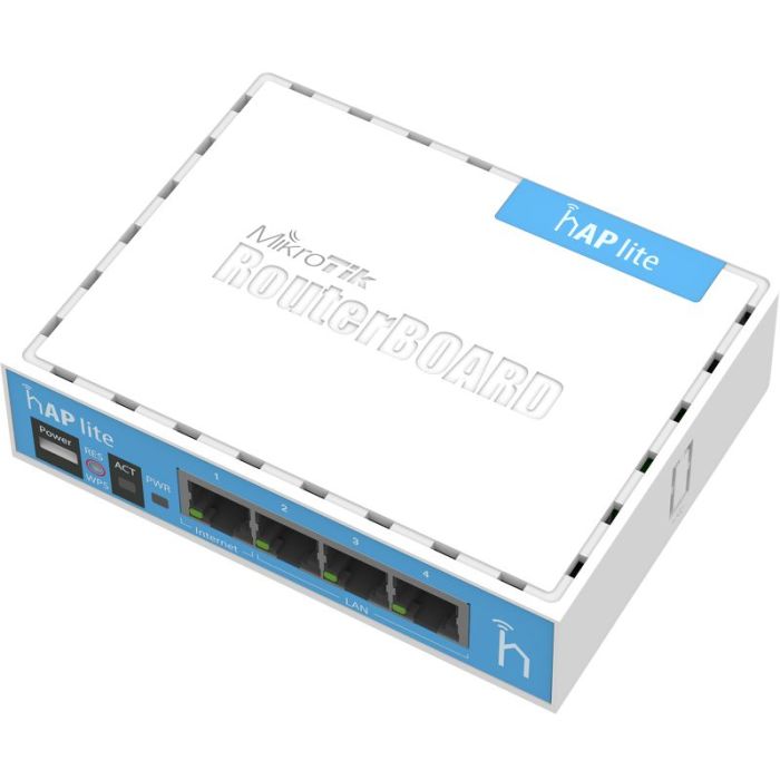 Mikrotik RB941-2nD, hAP Lite, 650MHz CPU, 32MB RAM, 4×LAN, 2.4Ghz 802.11b/g/n, integrirana antena, RouterOS L4, klasično kućište, PSU-1