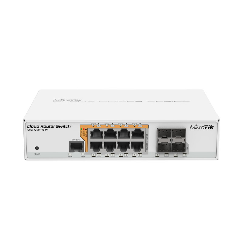 Mikrotik Cloud Router Switch CRS112-8P-4S-IN, QCA8511 400Mhz CPU, 128MB RAM, 8×G-LAN PoE-out, 4×SFP, RouterOS L5, desktop kućište, rack mount, PSU-7