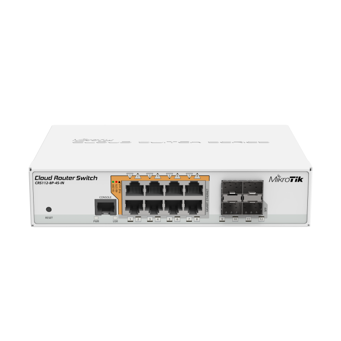Mikrotik Cloud Router Switch CRS112-8P-4S-IN, QCA8511 400Mhz CPU, 128MB RAM, 8×G-LAN PoE-out, 4×SFP, RouterOS L5, desktop kućište, rack mount, PSU-6