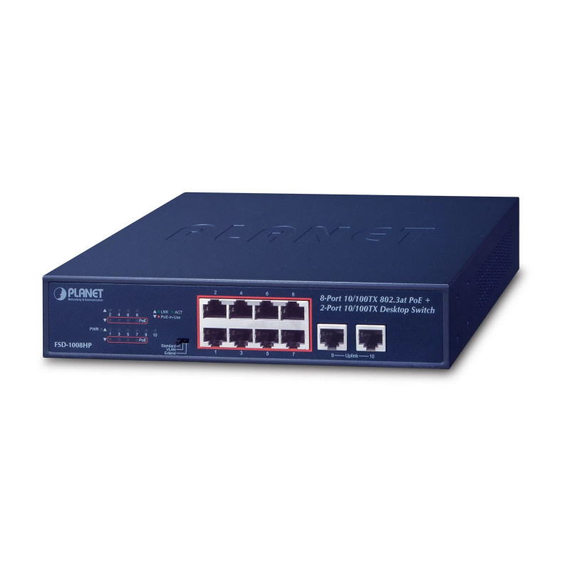 Preklopnik PLANET 10" 8-port 10/100TX 802.3at PoE + 2-port 10/100TX, rack-mountable-0