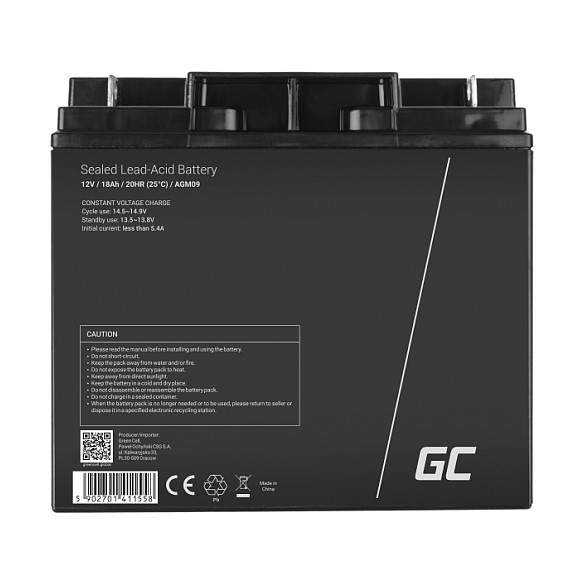 Baterija Green Cell AGM09 (Kapacitet 18Ah, Napon 12V, Tip VRLA AGM, Dimenzije 181×77×167 mm, Težina 5.3 kg)-3