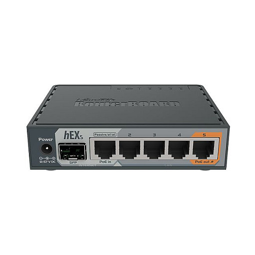 Mikrotik RB760iGS hEX S with Dual Core 880MHz MHz CPU, 256MB RAM, 5×G-LAN, SFP, USB, PoE-out-port #5, RouterOS L4, plastično kučište, PSU-6