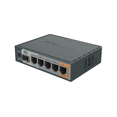 Mikrotik RB760iGS hEX S with Dual Core 880MHz MHz CPU, 256MB RAM, 5×G-LAN, SFP, USB, PoE-out-port #5, RouterOS L4, plastično kučište, PSU-8
