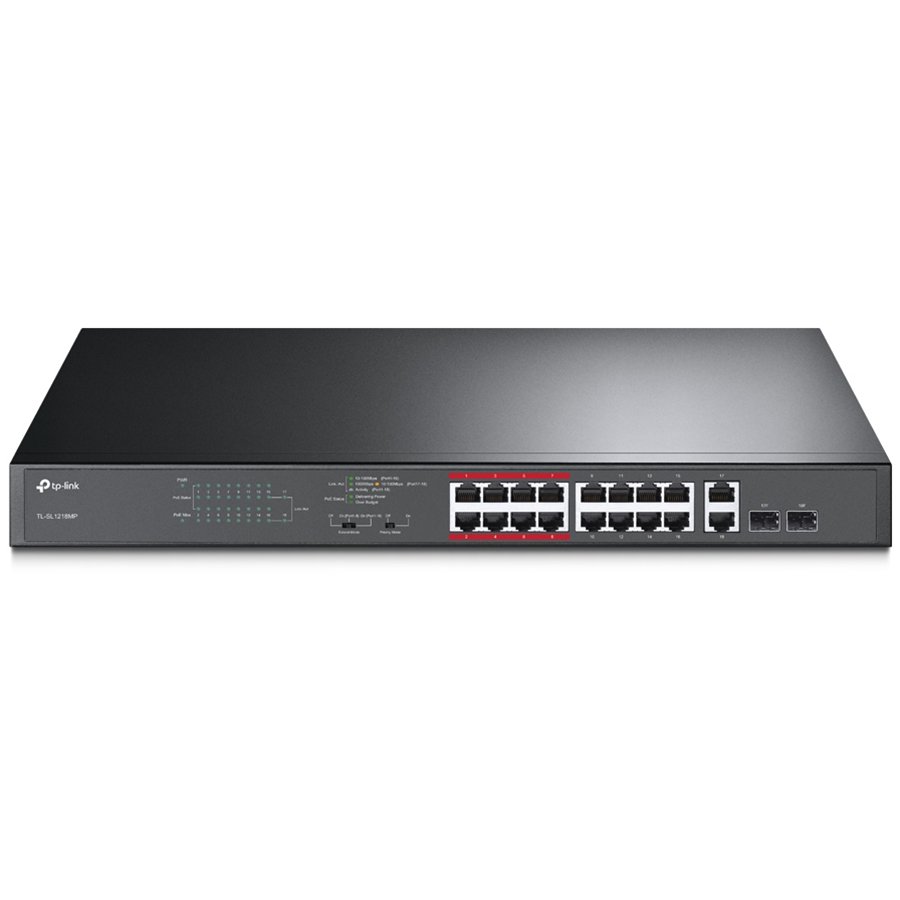 Preklopnik TP-LINK TL-SL1218MP 16-port PoE+ 10/100M RJ45, 2×10/100/1000M RJ45, 2×SFP Gigabit Combo, metalno kućište (194W)-2