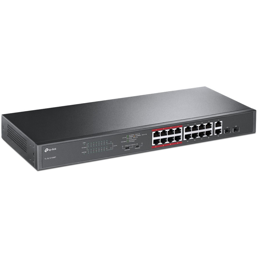 Preklopnik TP-LINK TL-SL1218MP 16-port PoE+ 10/100M RJ45, 2×10/100/1000M RJ45, 2×SFP Gigabit Combo, metalno kućište (194W)-6