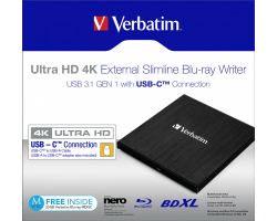 Verbatim Blu-Ray Slimline Ultra HD 4K vanjski snimač, M-Disc kompatibilan, USB3.1 crni