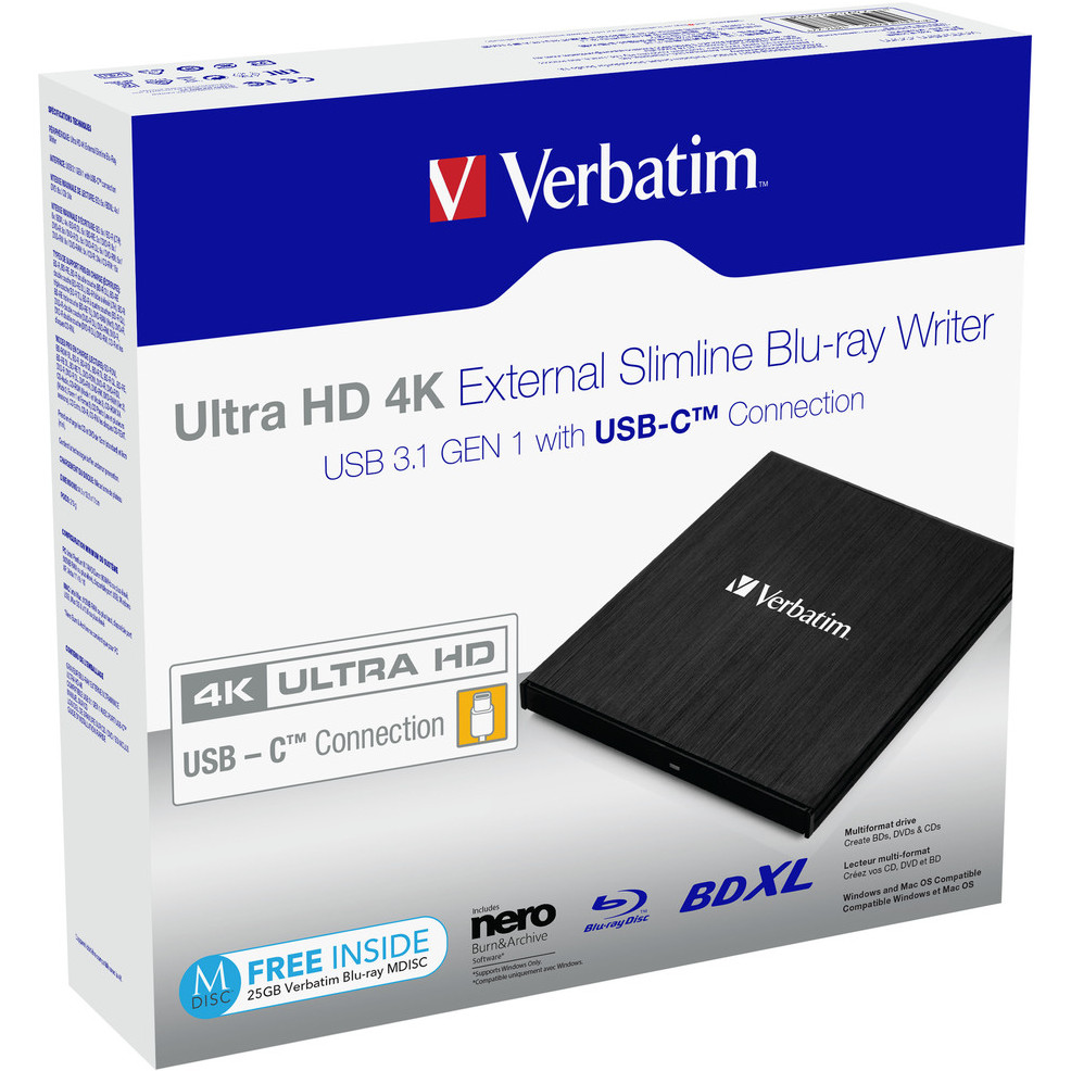 Verbatim Blu-Ray Slimline Ultra HD 4K vanjski snimač, M-Disc kompatibilan, USB3.1 crni-5