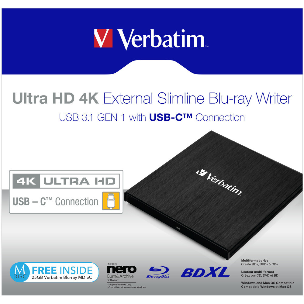 Verbatim Blu-Ray Slimline Ultra HD 4K vanjski snimač, M-Disc kompatibilan, USB3.1 crni-6