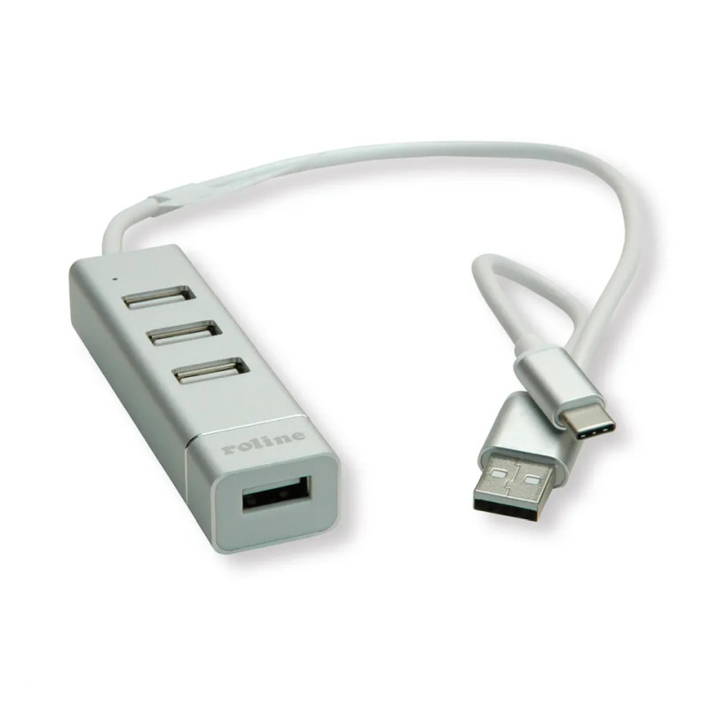 Roline Hub 4-porta USB2.0, USB Tip-A + USB-C kablovi, 0.3m-1