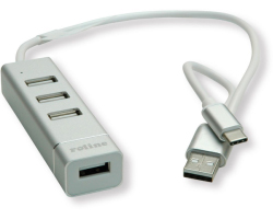 Roline Hub 4-porta USB2.0, USB Tip-A + USB-C kablovi, 0.3m
