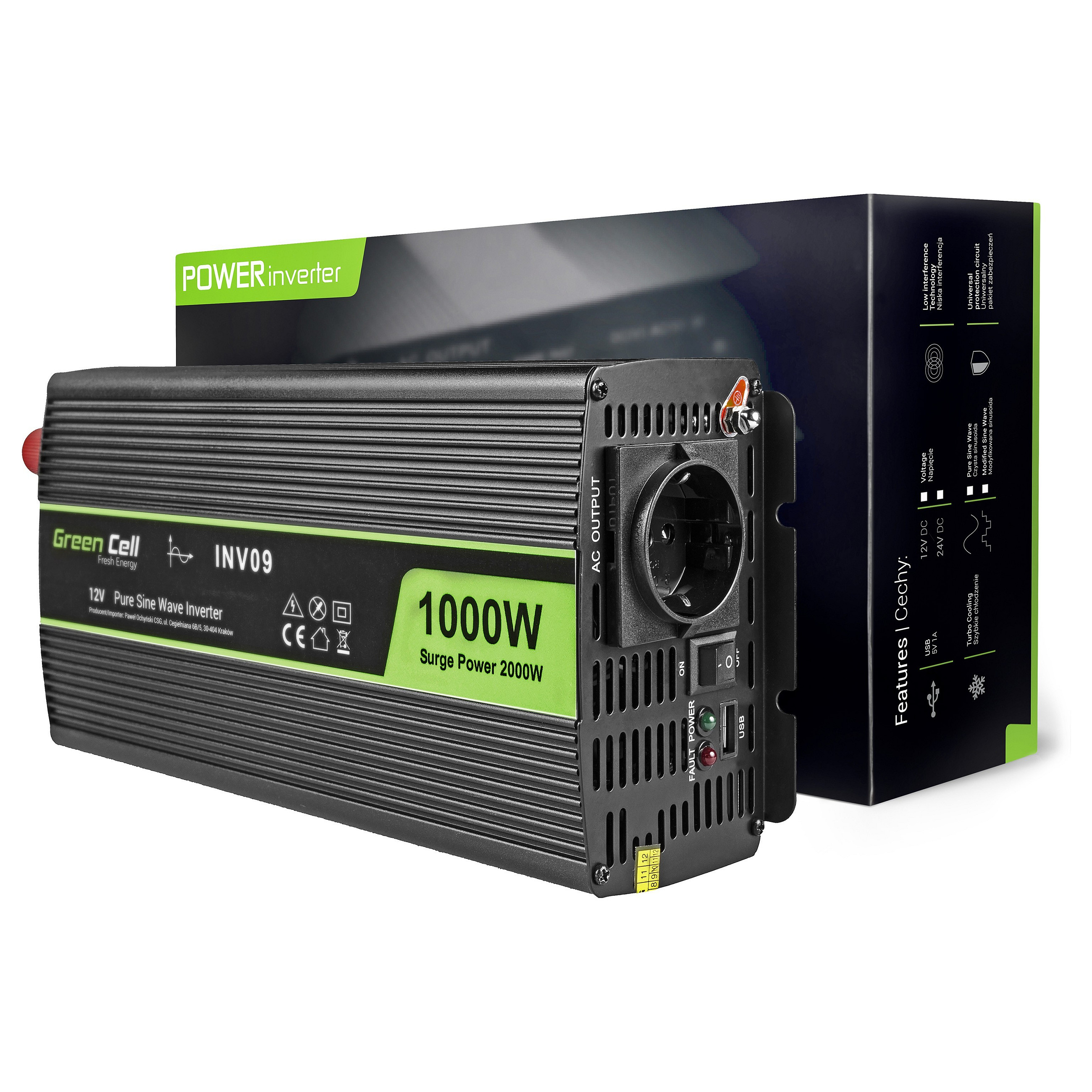 Green Cell strujni inverter 12V na 230V, 1000W/2000W Pure Sine Wave (INV09)-1