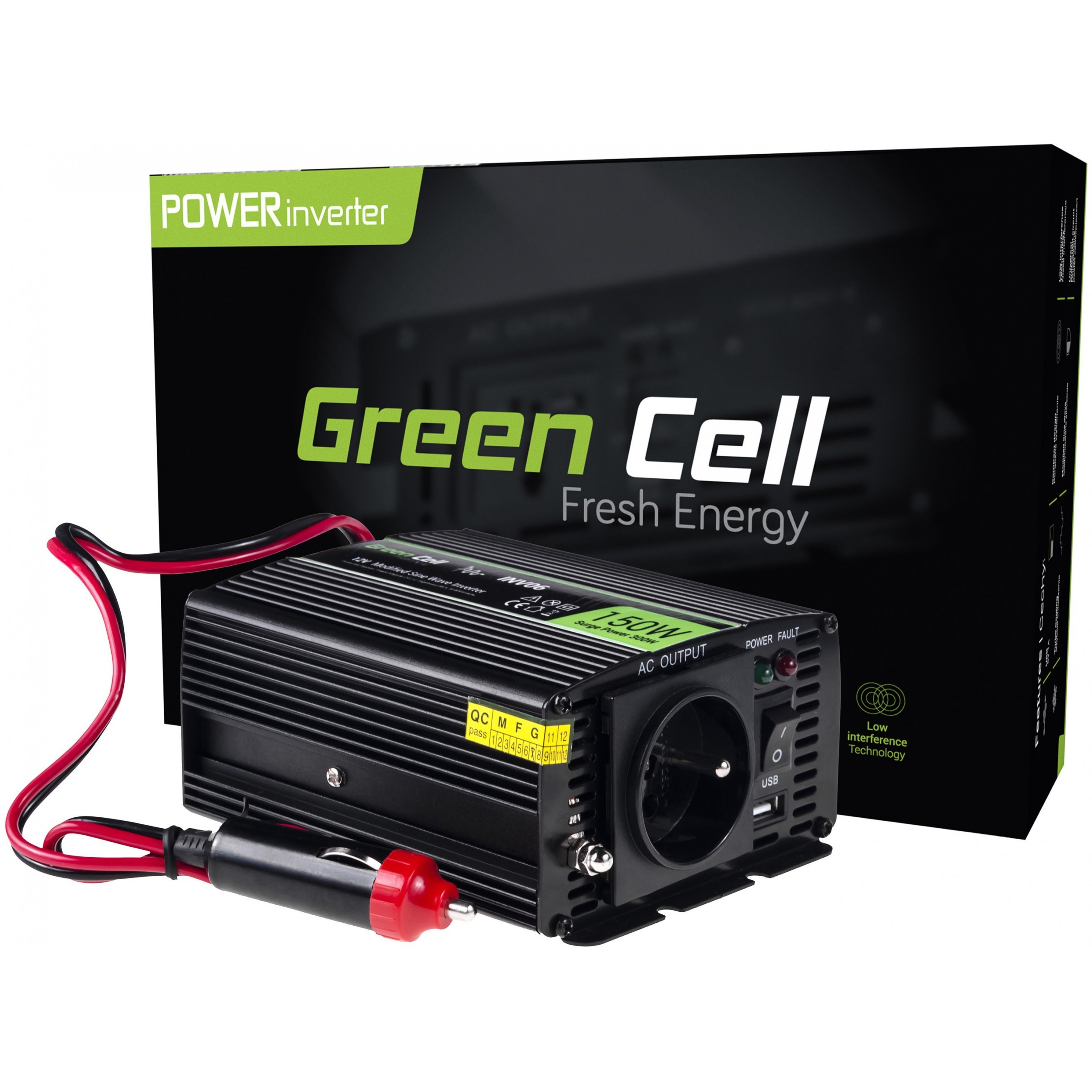 Strujni inverter Green Cell 12V na 230V, 150W/300W (INV06) (2x utičnica, 1x USB, zaštita od pregrijavanja, 12V DC ulaz, 230V AC izlaz)-1