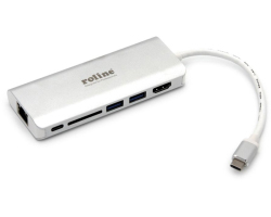 Roline USB-C docking station, 4K HDMI, 2×USB 3.0/3.2 Gen 1, 1×SD/TF čitač kartica, 1×USB-C power, 1×G-LAN-0