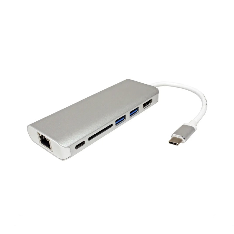 Roline USB-C docking station, 4K HDMI, 2×USB 3.0/3.2 Gen 1, 1×SD/TF čitač kartica, 1×USB-C power, 1×G-LAN-1